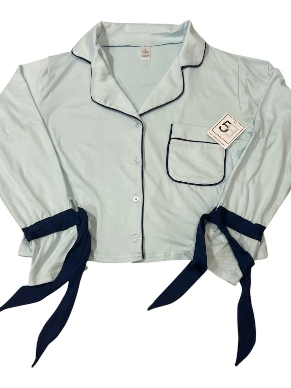 5B Style Women’s Light Blue Cropped Pajama Top with Navy Trim NWT